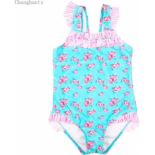 Baby Girls Swimwear Light Blue with Pink Flower Pattern 2-4 Y Kids One Piece Swimsuit Children beach wear Child swimming suit