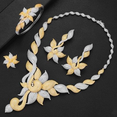 LARRAURI 4PCS Luxury Cubic Zirconia Flower Statement Jewelry Sets Nigerian Bridal Fashion Dubai Wedding Jewelry Sets For Women