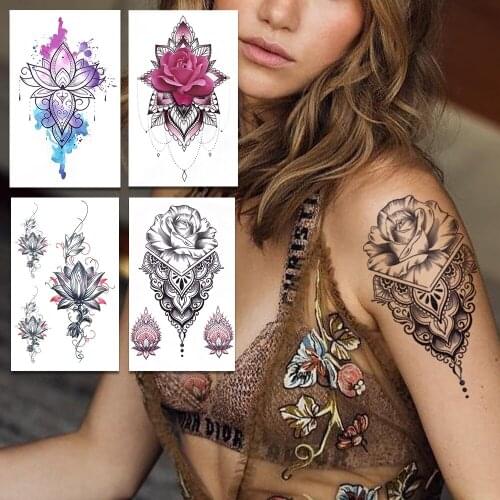 Lotus Laces Fake Temporary Tattoos For Women Girls Watercolor Rose Henna Flower Tattoo Sticker Beauty Pendants Tatoos Body Chest