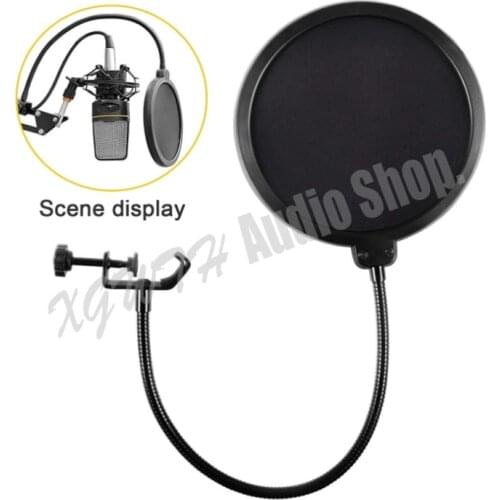 Microphone Pop Filter Dual Layer Mic Pop Shield with Clip Stabilizing Arm for Recording Vocals Home Studio Broadcasting