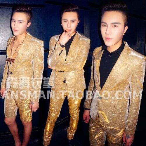 Fashion Stars Super Golden Sequins flash powder Suit Costume Nightclub Male Singer Dancer Performance set stage show wear