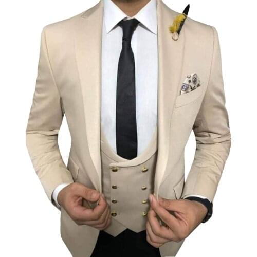 Brand New Men Suits Beige and Black Groom Tuxedos Notch Lapel Groomsmen 3 Pieces Set ( Jacket+Pants+Vest+Bow Tie ) D341