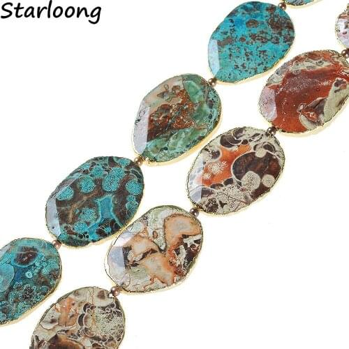 Natural Stone Blue Brown Ocean Jaspers Faceted Slice With Gold Edges Agates Druzy Loose Gem Strand Beads for DIY Jewelry Making