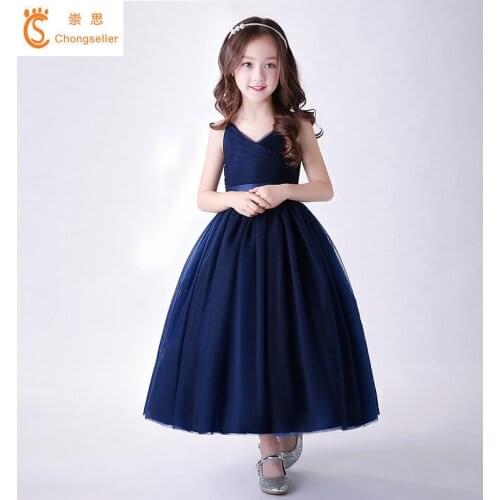 New Arrival Blue Wedding Party Dresses For Teenager Girls Kids Long Evening Braidal Dress Birthday Christmas Clothing Children