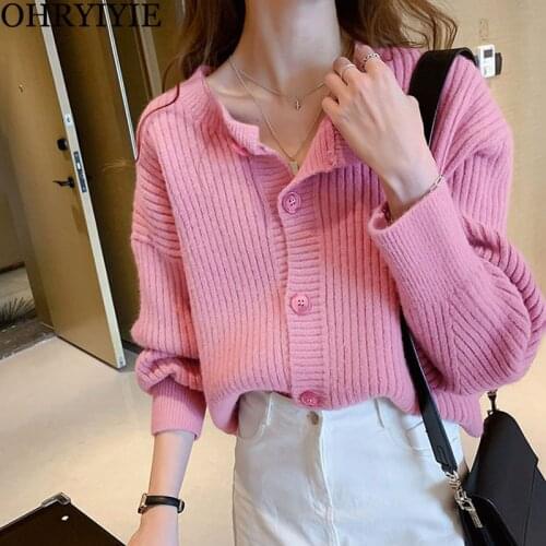 OHRYIYIE Pink Knit Cardigan Women New Autumn Winter Loose O Neck Sweater Female White Fall All-Match Knitted Cardigans Coat Lady