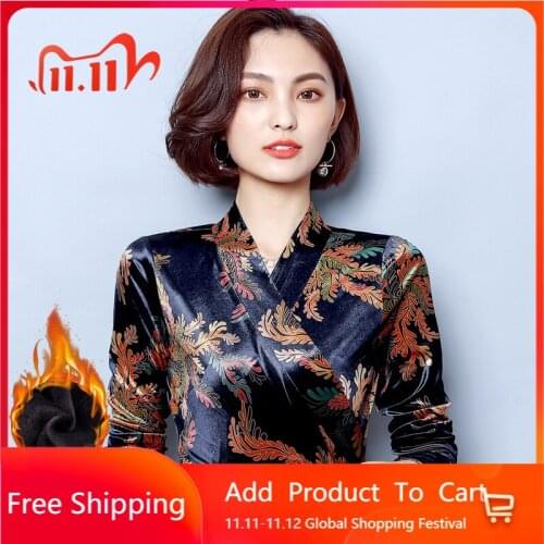 2020 Autumn Winter New Small Shirt Long-sleeved Slim Slimming Plus Velvet V-neck Gold Velvet Top Womens Bottoming Shirt women
