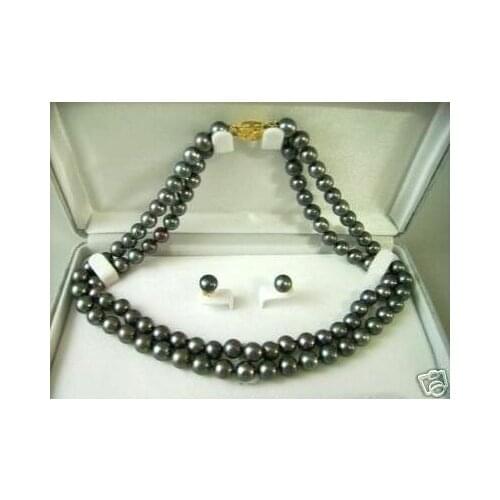 7-8mm salt Black Pearl Necklace Earring Set