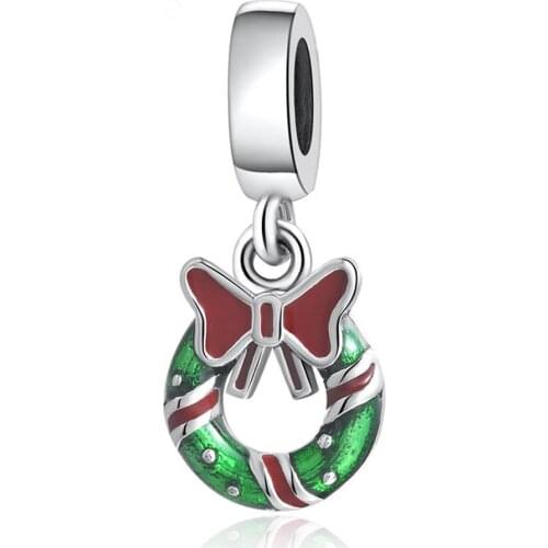 Authentic S925 Silver Holiday Wreath Dangle Charm Berry Red Green Enamel Christmas Bead fit Lady Bracelet DIY Jewelry