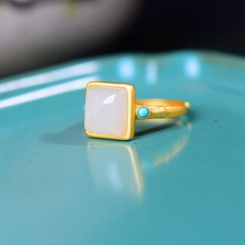 S925 Sterling Silver White Jade Square Ring Natural Hetian Jade Turquoise Ring Retro Temperament Personality Ring Ornament