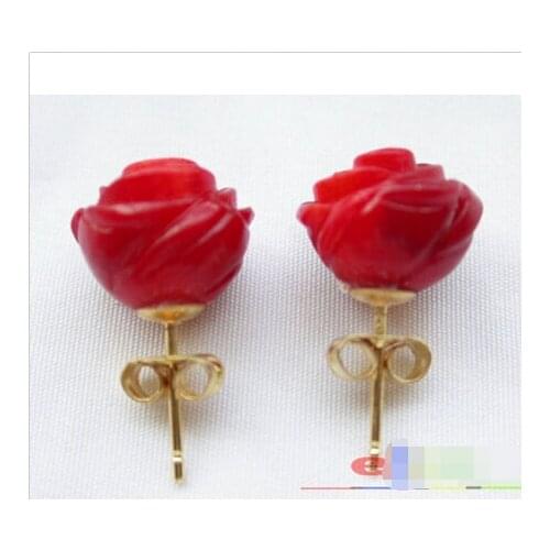 11mm Hand-carved rose red coral stud earring good