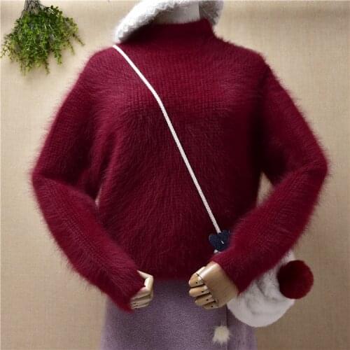 Ladies women red fall winter hairy plush mink cashmere knitted long sleeves slim blouses pullover angora fur jumper sweater pull