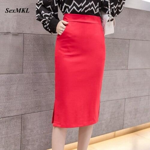Plus Size Red Skirt Women 2020 Fashion Summer Black Long Skirts Womens High Waist Office Korean Style Elegant Sexy Pencil Skirt