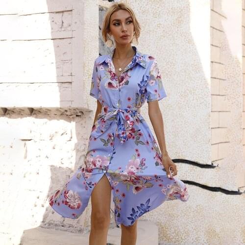 2021 Summer Womens Floral Midi Dress Casual Turn-down Collar Single Breasted Sashes Short Sleeve Dress Elegant Light Robe Femme