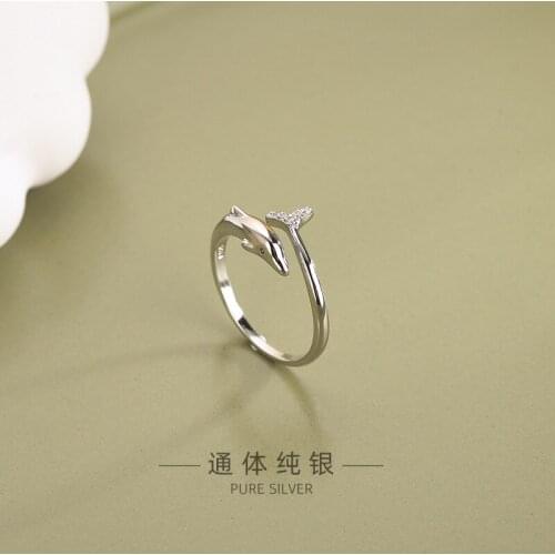 925 Sterling Silver Cute Animal S925 Dolphin Ring Fish Tail Open Ring Female Girls Gift Women Jewelry