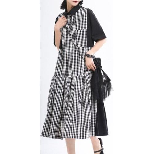 Johnature 2021 Summer New Origional Fashion Plaid Patchwork Loose Women Dresses Casual Turn-down Collar False Two Pieces Dress