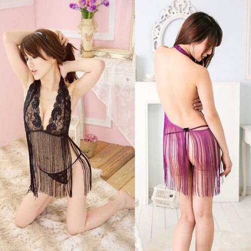 Women Sexy Black Red Purple Green Lace Underwear Tassel Nightwear Babydolls Sexy G-string Erotic Sexy Lingerie