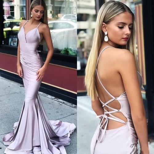 Sexy Backless Mermaid Prom Party Dresses 2020 Light Purple Spaghetti Straps Sweep Train Plus Size Formal Pageant Evening Gowns C