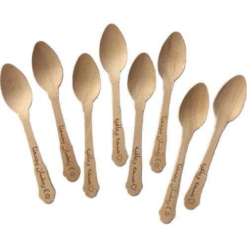 100pcs Rustic Mini Coffee Spoons Personalized Eid Mubarak Ramadan Party Appetizer Spoons with Moon Star Biodegradable Wood Spoon