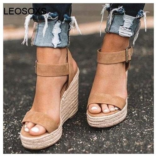 Shoes Woman Summer 2021 New Fashion Slope Heel Hemp Rope Woven Snake Pattern Button Sandals Super High Heel 8CM Sandals