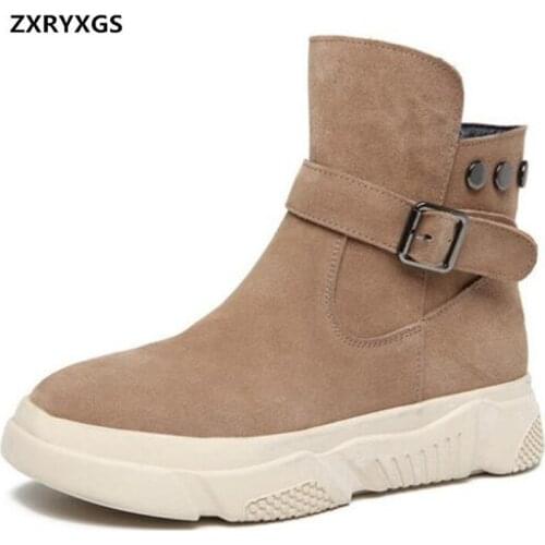 Large Size 43 Scrub Cowhide Autumn Boots Fashion Wild Student Warm Winter Boots Flat Non-slip Short Boots Women Leather Boots