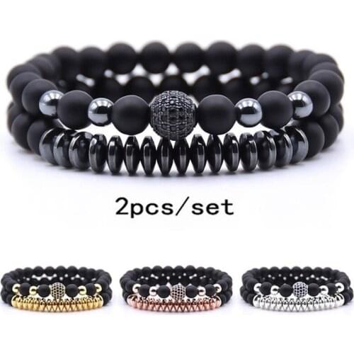 2pcs/set Unisex Natural Stone Lava Rock Bracelet Matte Black Beaded Copper Magnetic Bracelets & Bangles Charm Handmade
