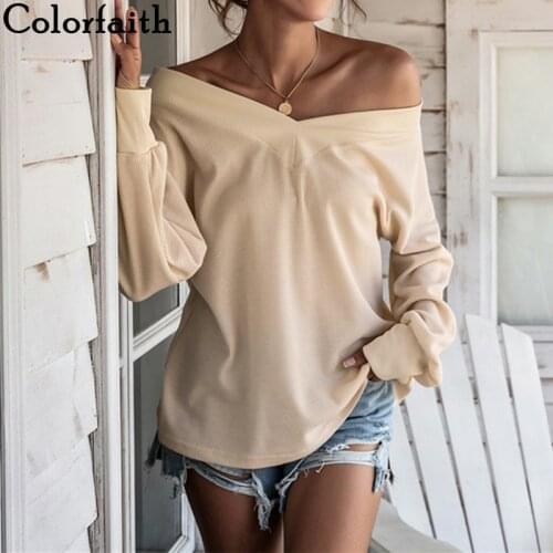 Colorfaith New 2021 Womens Spring Autumn T-shirt Bottoming Pull Sexy Basic Korean Oversized Fashionable Lady Wild Tops T20126AB