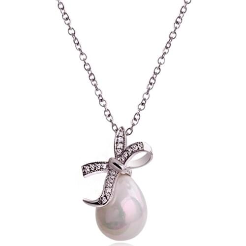 Exquisite Water Drop Shape Pearl Pendant Necklace Womens Fashion Bow CZ Chain Pendant Wedding Party Jewelry Gifts