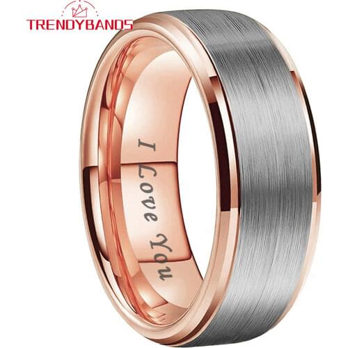 Rose Gold 8MM Womens Mens Tungsten Rings Wedding Bands Stepped Edges Brushed Finish Comfort Fit