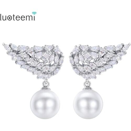 LUOTEEMI New Fashion Vivid Wing Stud Earrings With White Created Pearl-Drop For Women Cubic Zirconia Earrings Brinco Gifts