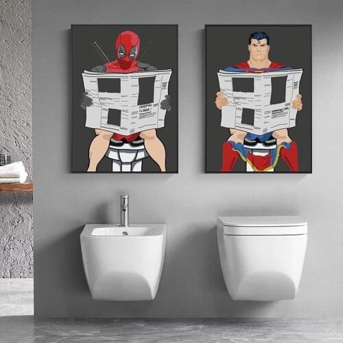 Marvel Deadpool Comic Funny Spiderman Avengers Superhero Character Read Magazine In The Toilet Canvas Painting Prints HomeDecor