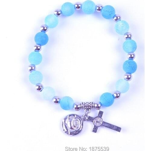 Fashion Blue Frosted Stone Bead Bracelet Small Alloy Catholic Medals