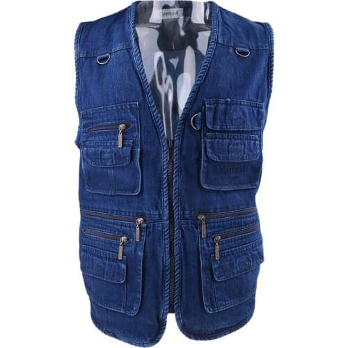 Mens Sports Vest Denim Quick Drying Zipper Fishing Hunting Photography Jacket Cowboy Vest for Fishing Hunting