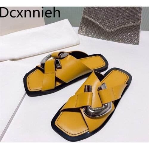 Woman Flat Heel Genuine Leather Metal decor Mules Square Open Toe Summer Casual Celebrity Street Fashion Shoes Women slippers
