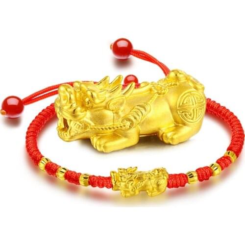 Real 24K Yellow Gold 3D Lucky Pixiu with 4mmW Faced Beads Red Cord Weave Bracelet For Woman