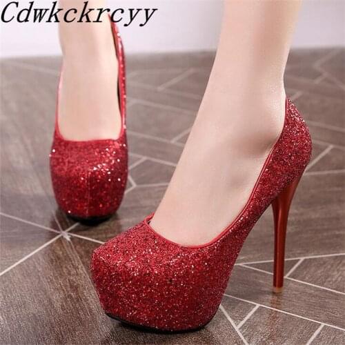 Autumn New pattern fashion Round head temperament Simplicity black sexy High-heeled Waterproof Sequins banquet marry Women Shoes