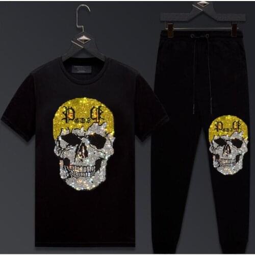 New mens sportswear suit mens Rhinestone short Sleeve casual 2-piece Tracksuit