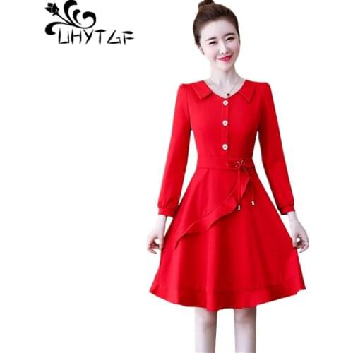 UHYTGF Autumn dress women Fashion red black ruffled elegant dresses single-breasted pullover cute girl 5XL plus size dress 1297