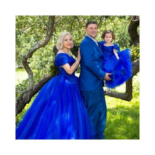New Royal Blue A-Line Mommy & Me Tulle Dress Tiered Women Kids Tulle Skirt Dresses Long Dress Mother & Daughter For Happy Family