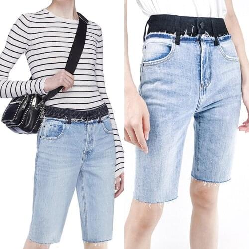 Color Matching Blue Frayed Denim Pants Chic No Elasticity Riding Pants