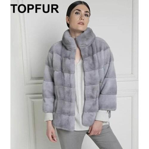 TOPFUR Light Gray Coat Women Leather Jacket Winter Coat Women Real Fur Coat With Fur Collar Plus Size Nine Quarter Sleeves