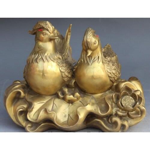 Xd 003094 11" Chinese Bronze Fengshui Folk Animal Lotus Flower Mandarin Duck Lovers Statue