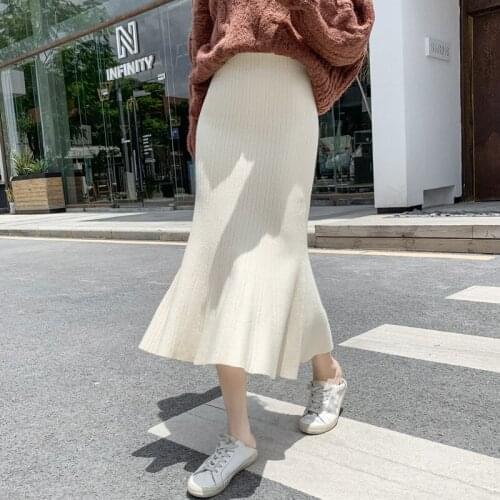 2020Autumn Winter New Elastic High Waist Slim Knit Fishtail Skirt Casual Stretch All-match Women A-line Long Skirt Free Shipping