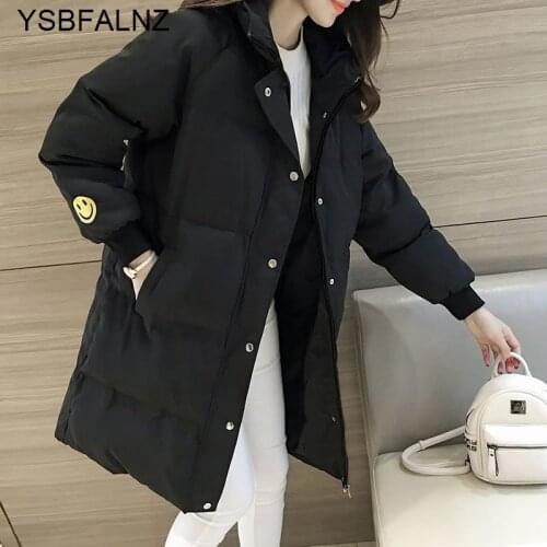 Womens Hooded Coats Cotton Ladies Long Parka Jacket Mid-Long Fashion Smile Face Winter Thick Down Cotton Clothes 2021 Loose Warm