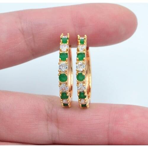 Gold Color Women White Green Cubic Zirconia CZ Huggie Hoop Earrings