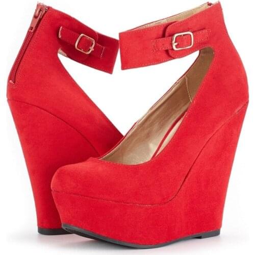 LOSLANDIFEN Women Pumps Flock Buckle Bowtie Ankle Strap High Heels Shoe Platform Wedges Female Red Wedding Dress Shoes Plus Size