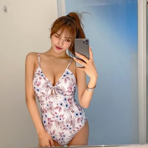 2021 New Sexy Swimwear Women One Piece Swimsuit Front Bow Hollw Belly Monokini Floral Swimming Bathing Suit Summer Beachwear