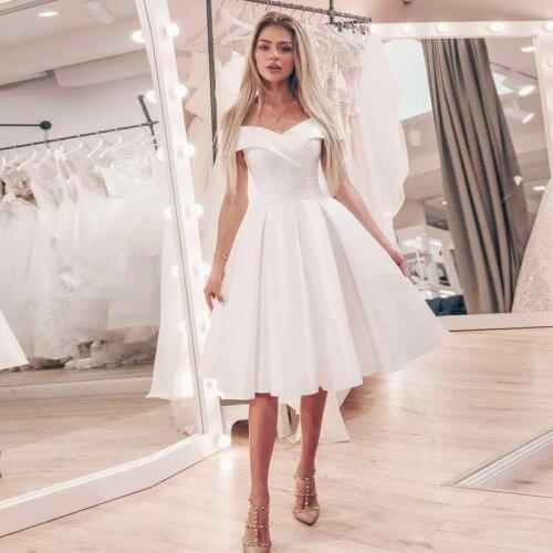 Short Wedding Dresses V-Neck Off The Shoulder Wedding Gowns Simple Satin A-line Bride Dress Elegant Vestidos De Novia