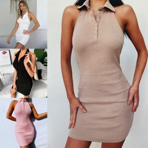 Women Sleeveless Halter Lapel Button V-Neck Backless Ribbed Bodycon Mini Dress