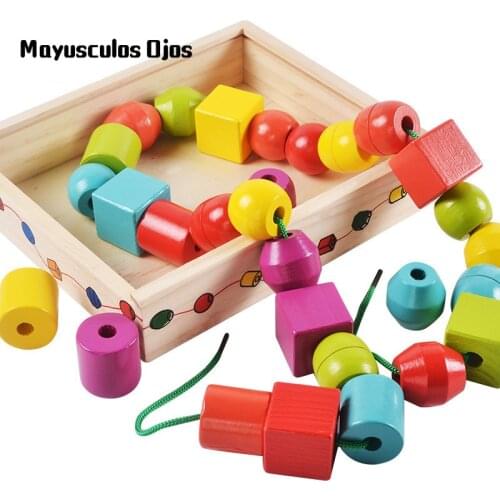 ZH 1PC Wooden Shape Building Blocks Drawstring Beads Toys Children Cognitive Educational Toys