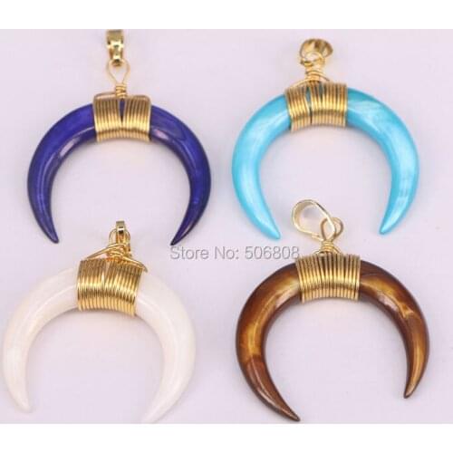 ZYZ-P5730 10pcs Gold color Ox Horn Multicolor Shell Pendant Charms, Crescent Moon Shell Double Horn Pendant Charms